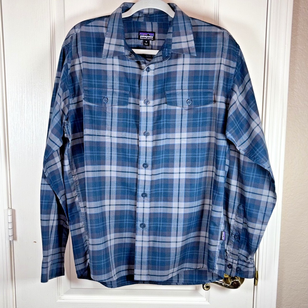 Patagonia Button Shirt Men's Medium Teal Plaid Button Down 100% Cotton Outerwear